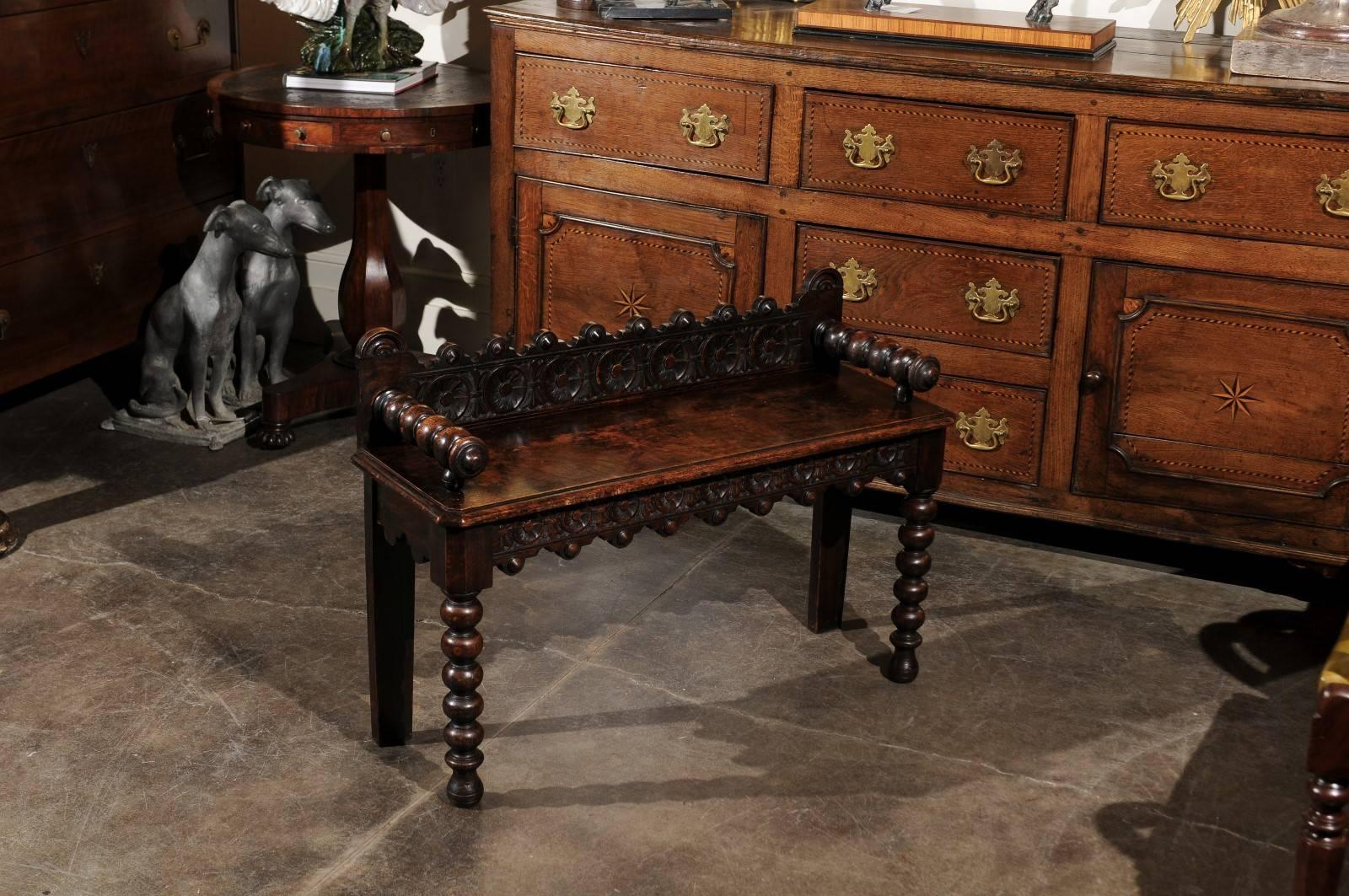 English Carved Oak Window Bench with Bobbin Legs from 19th Century 2