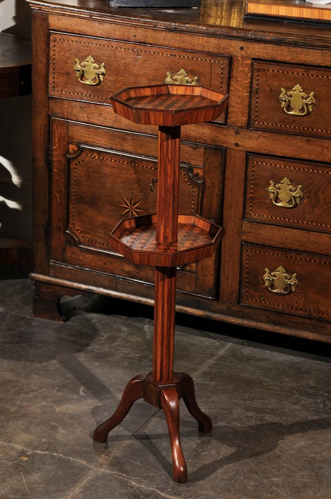 Adjustable French wooden dumb waiter/pedestal stand from the late 19th century. This stand from circa 1880 is a French example of a piece of furniture that developed in England in the early 18th century, the dumb waiter. The pieces were early