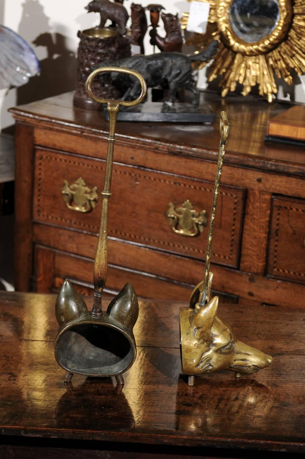 Two Tall English Brass Fox Head Door Stops from the Turn of the Century In Good Condition In Atlanta, GA