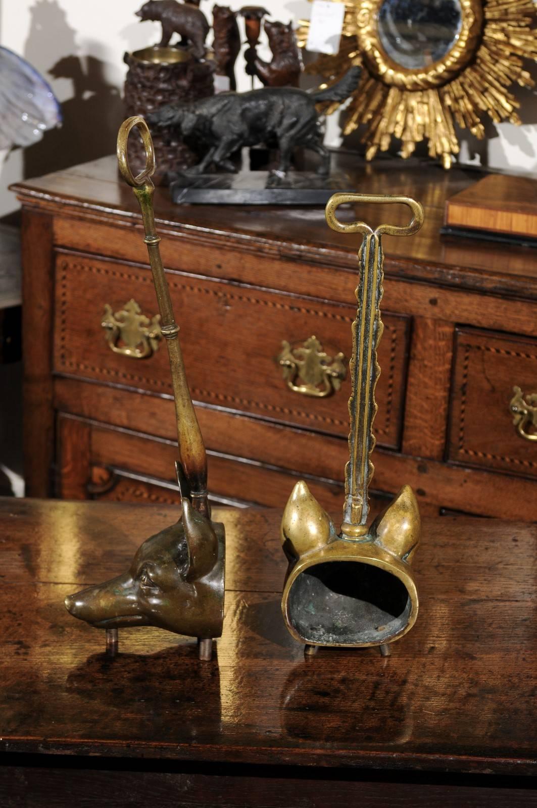 20th Century Two Tall English Brass Fox Head Door Stops from the Turn of the Century