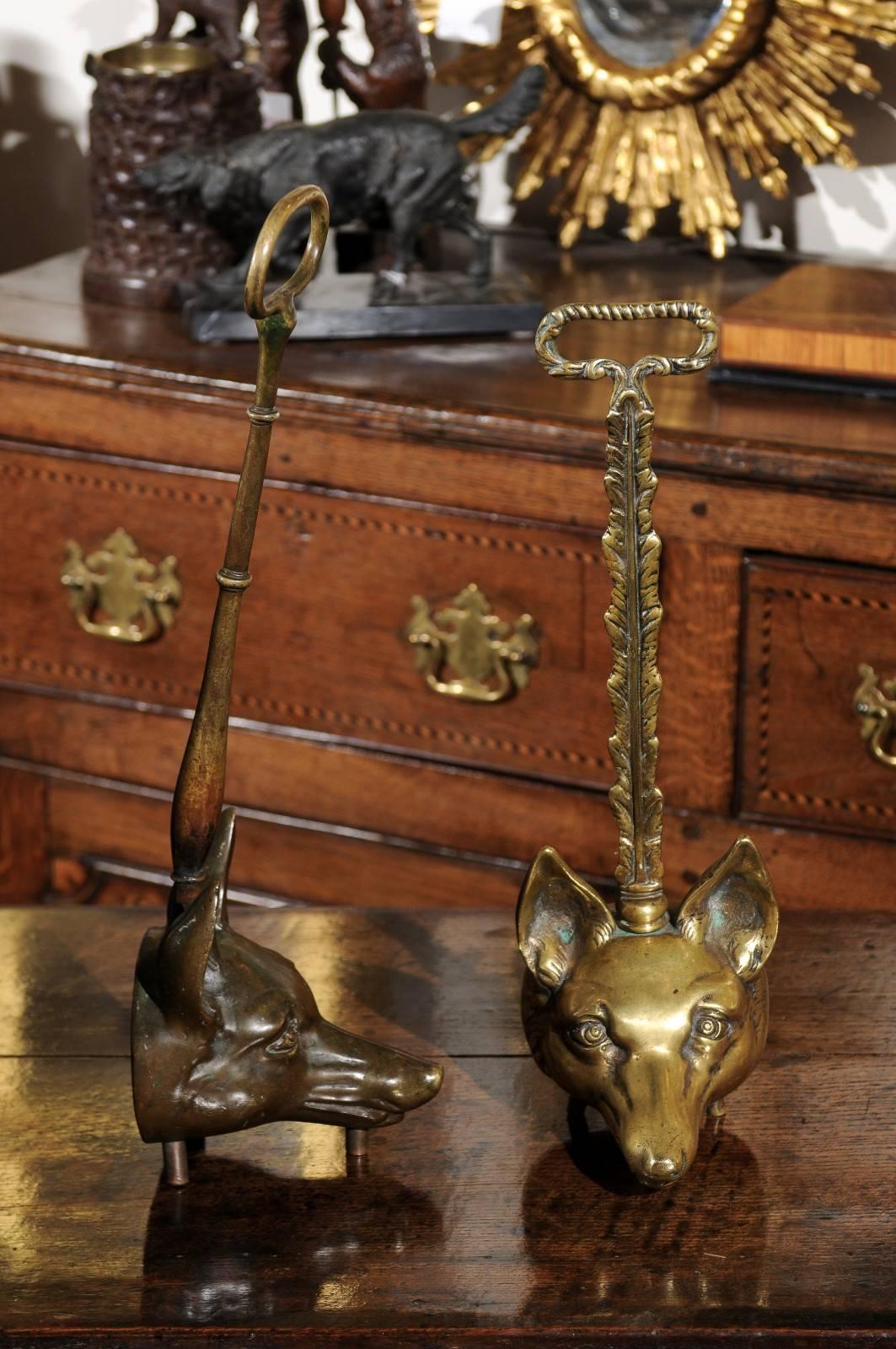 Two Tall English Brass Fox Head Door Stops from the Turn of the Century 1