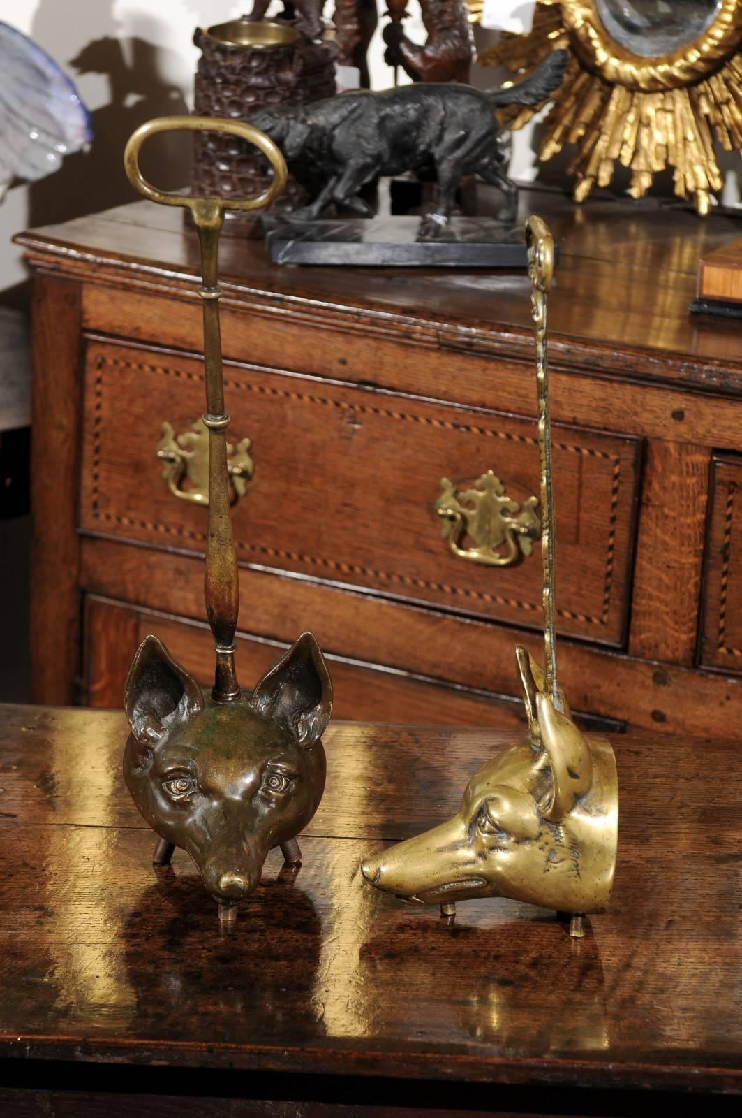 Two Tall English Brass Fox Head Door Stops from the Turn of the Century 2