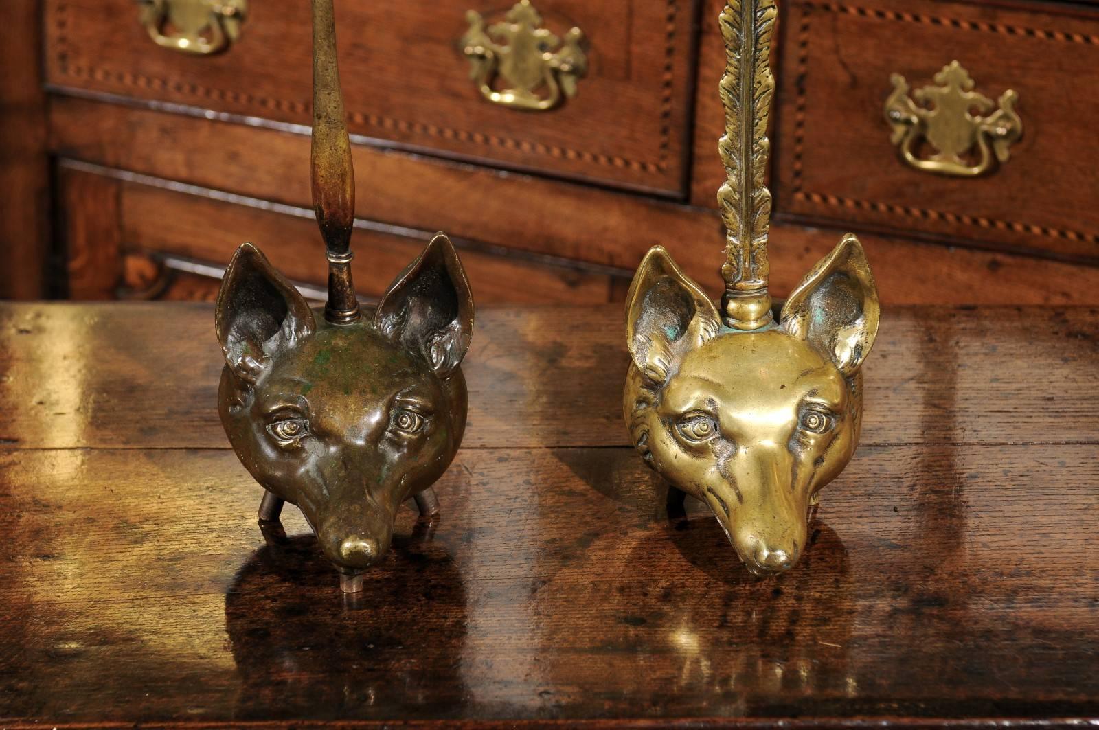 Two Tall English Brass Fox Head Door Stops from the Turn of the Century 4