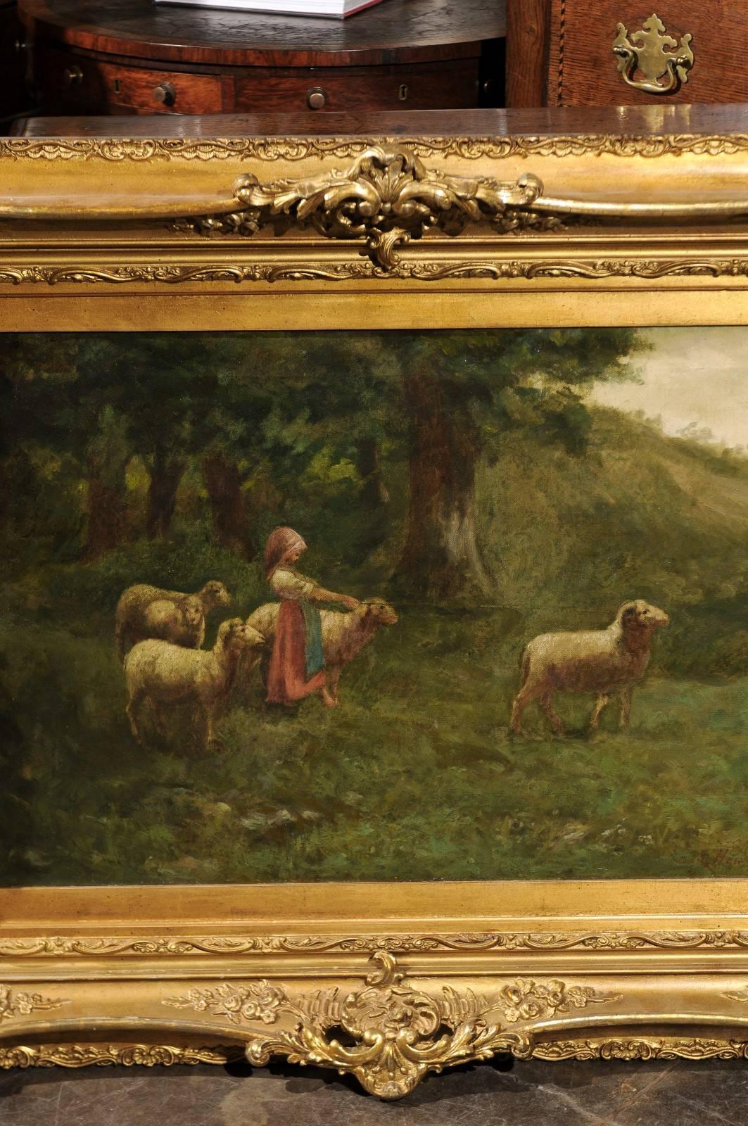 European Large Antique Oil Painting of Sheep and Shepherdess in Antique Giltwood Frame For Sale