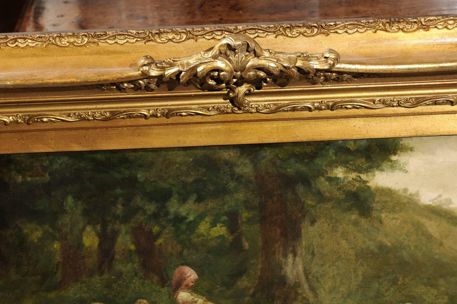 20th Century Large Antique Oil Painting of Sheep and Shepherdess in Antique Giltwood Frame For Sale