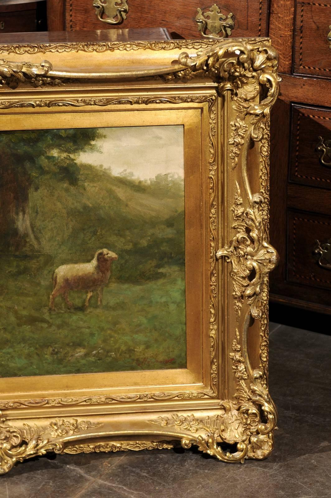 Large Antique Oil Painting of Sheep and Shepherdess in Antique Giltwood Frame In Good Condition For Sale In Atlanta, GA