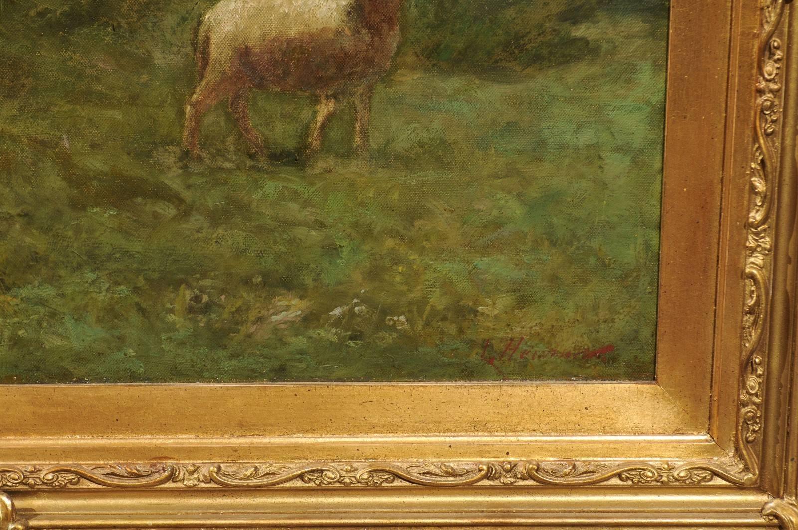 Large Antique Oil Painting of Sheep and Shepherdess in Antique Giltwood Frame For Sale 1