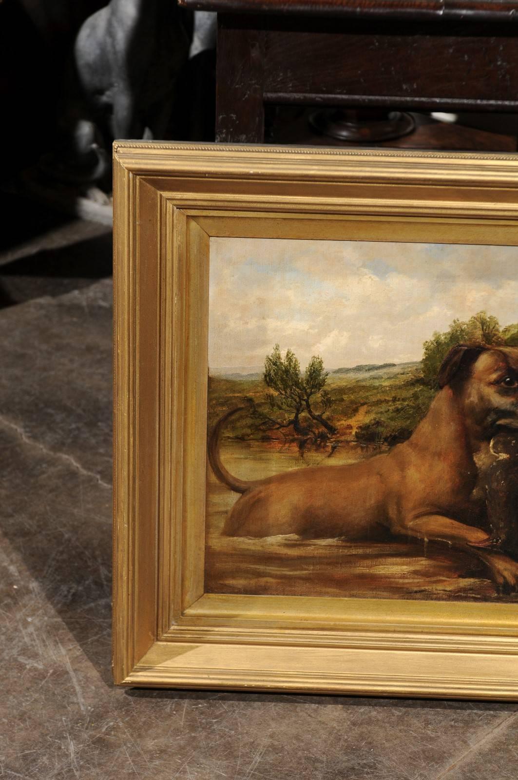 Pair of English Dog Oil Paintings from the Late 19th Century in Hunting Scenes In Good Condition In Atlanta, GA