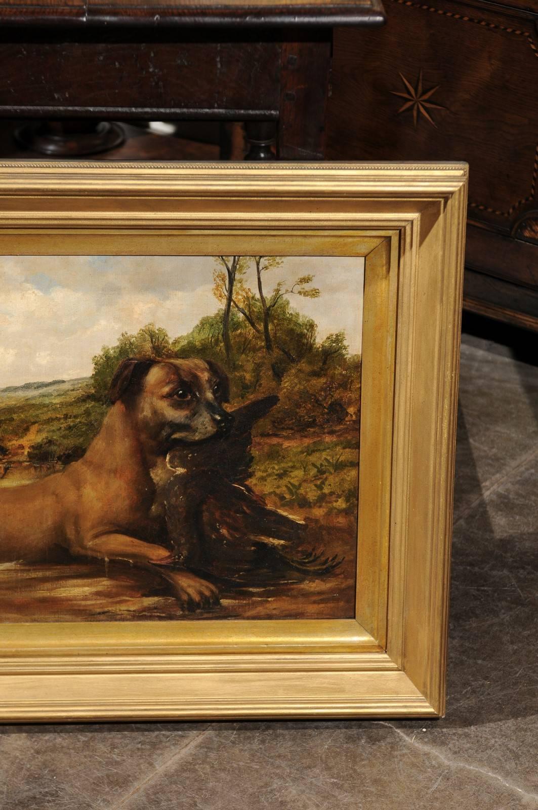 Canvas Pair of English Dog Oil Paintings from the Late 19th Century in Hunting Scenes