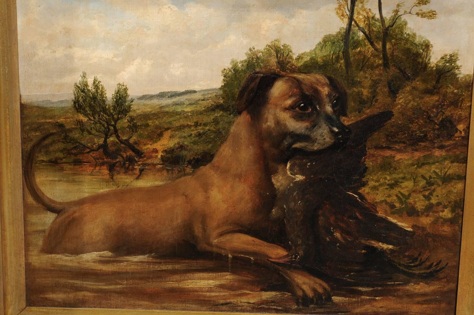 Pair of English Dog Oil Paintings from the Late 19th Century in Hunting Scenes 3