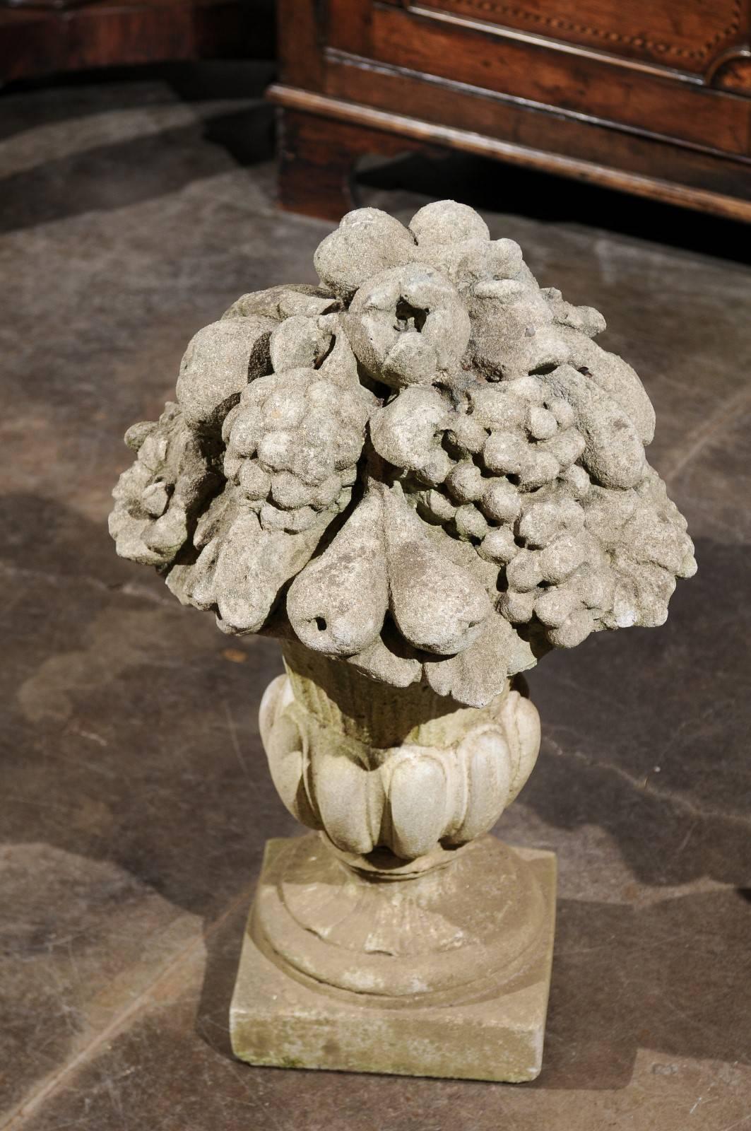 20th Century Pair of French Stone Fruit, Flowers and Médicis Vase Sculptures, circa 1920 For Sale