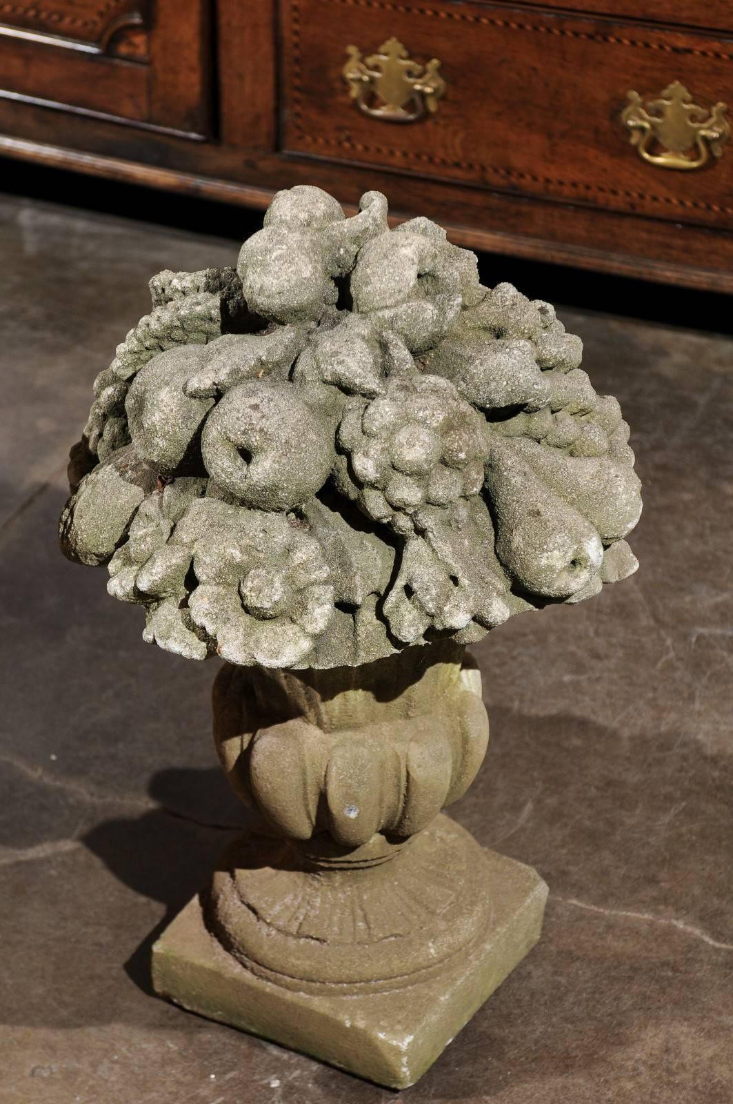 Baroque Pair of French Stone Fruit, Flowers and Médicis Vase Sculptures, circa 1920 For Sale