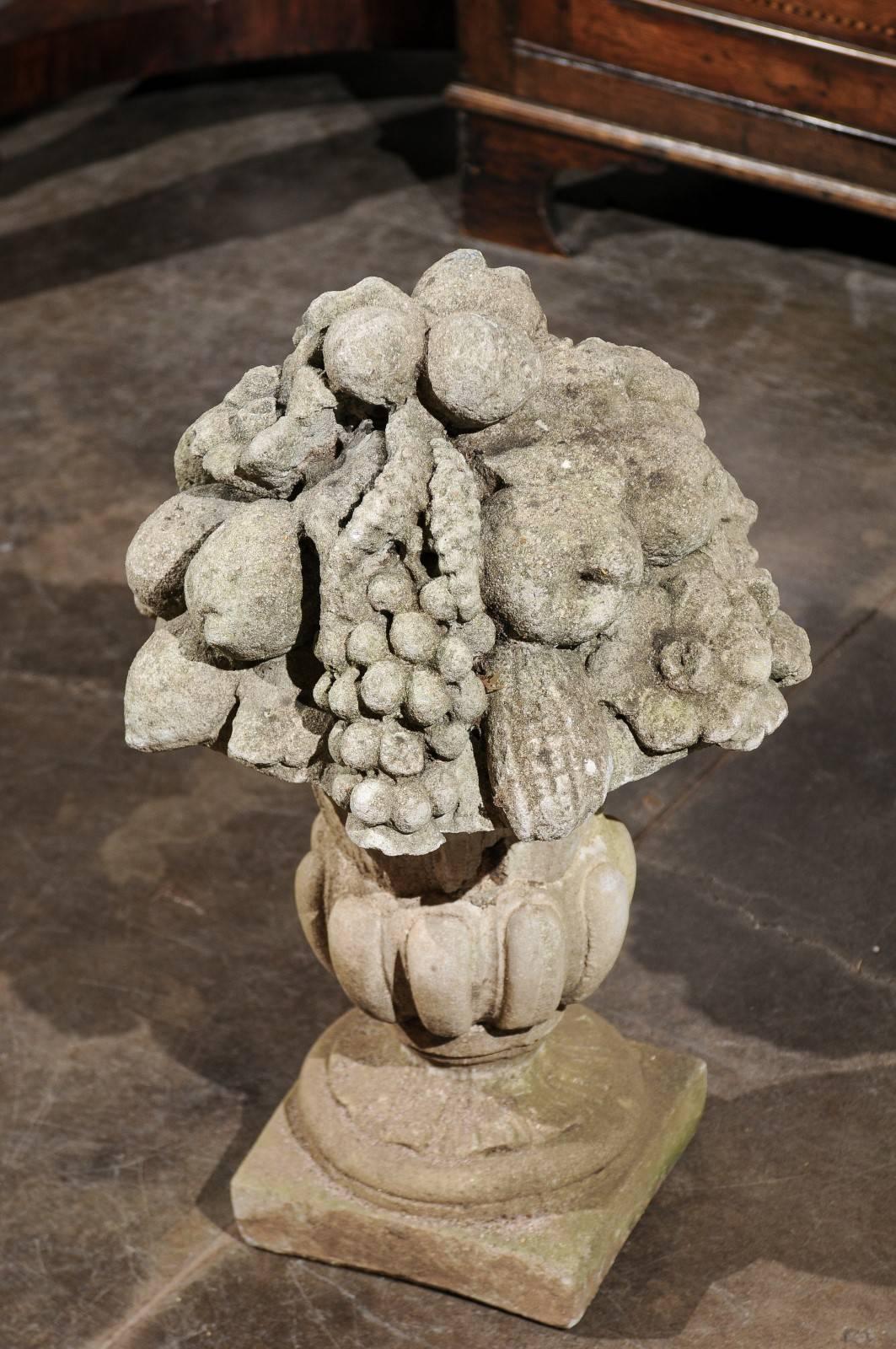 Carved Pair of French Stone Fruit, Flowers and Médicis Vase Sculptures, circa 1920 For Sale