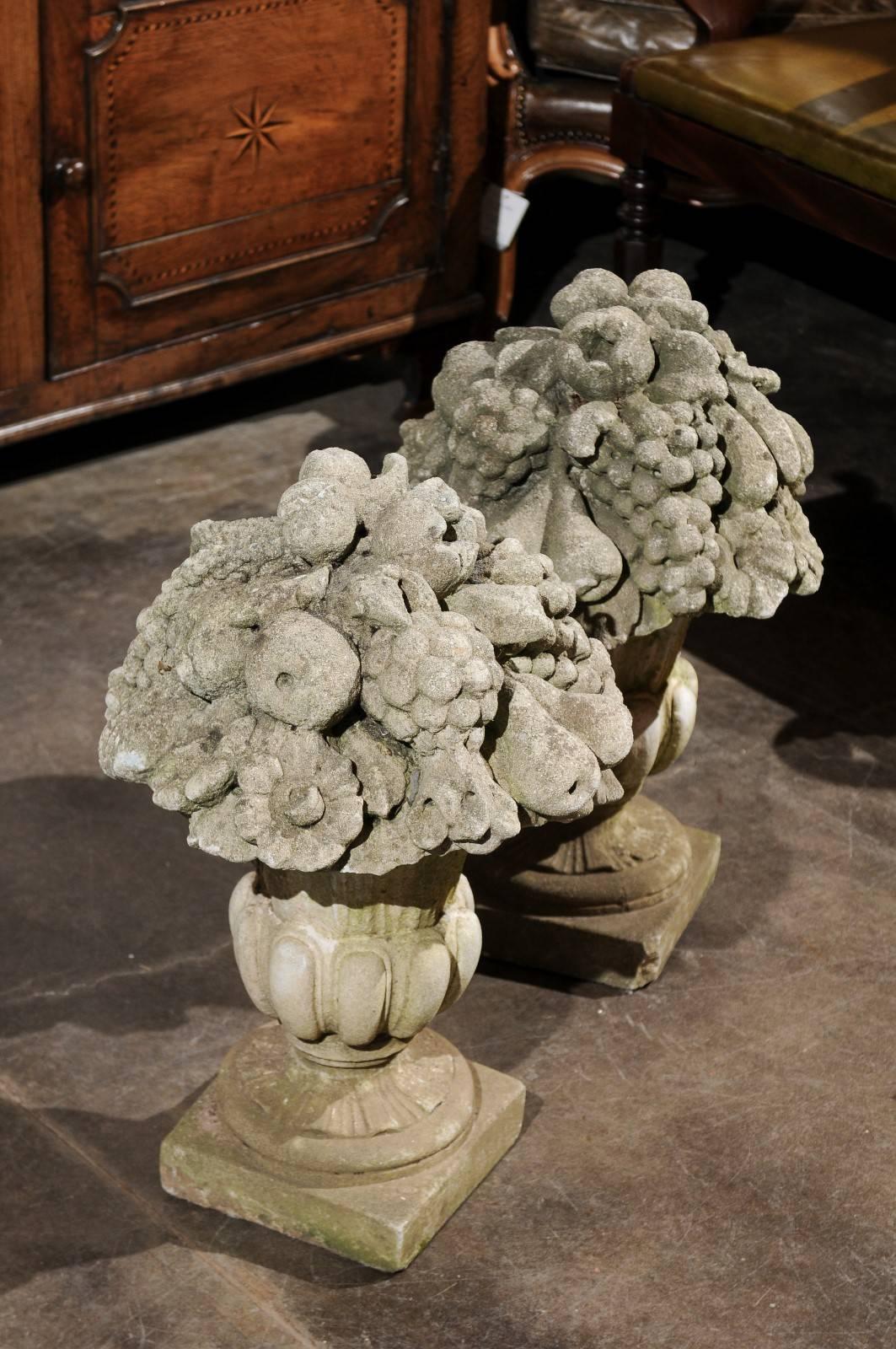Pair of French Stone Fruit, Flowers and Médicis Vase Sculptures, circa 1920 In Good Condition For Sale In Atlanta, GA