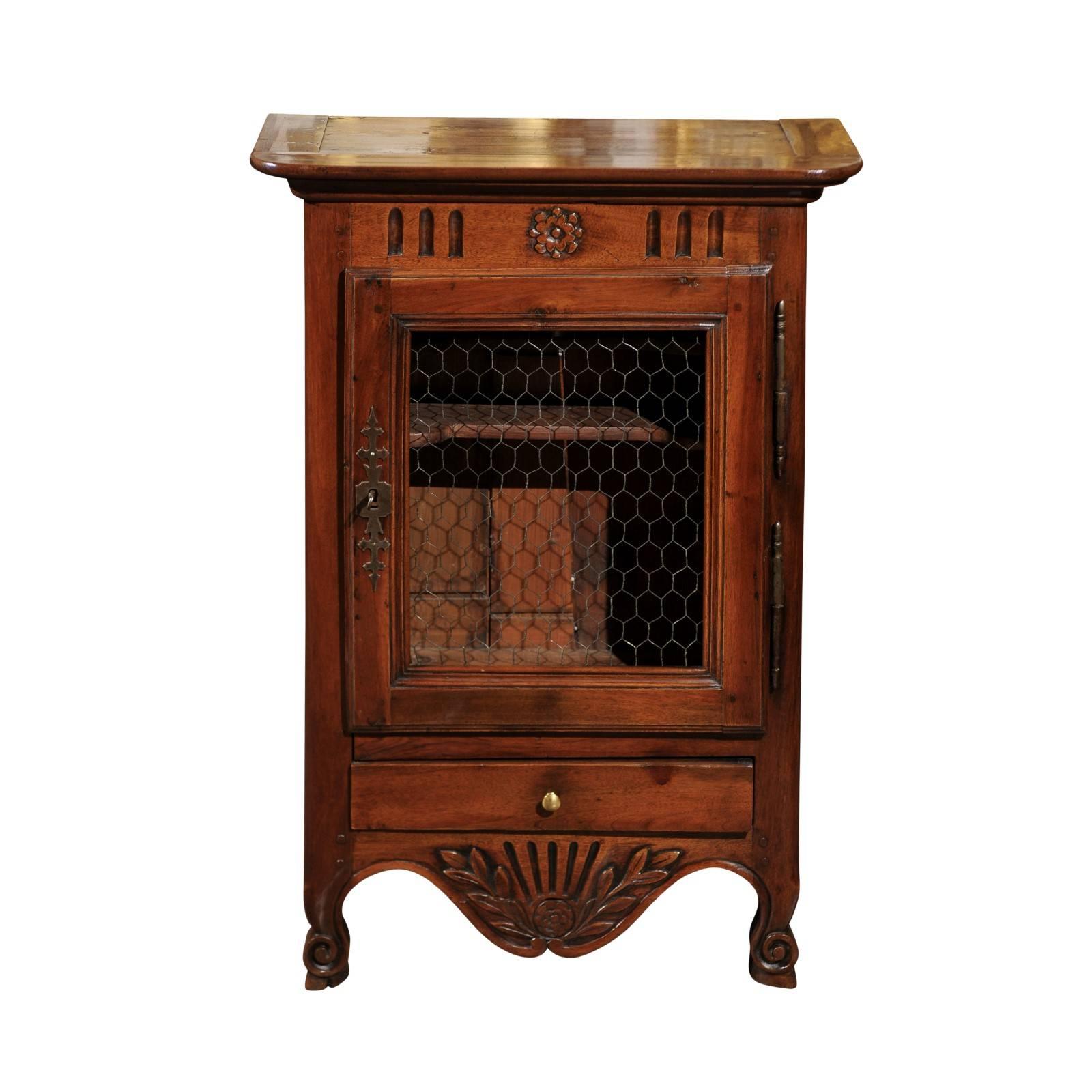 Mid-19th Century Small Size Walnut French Cabinet with Wire Door and Drawer