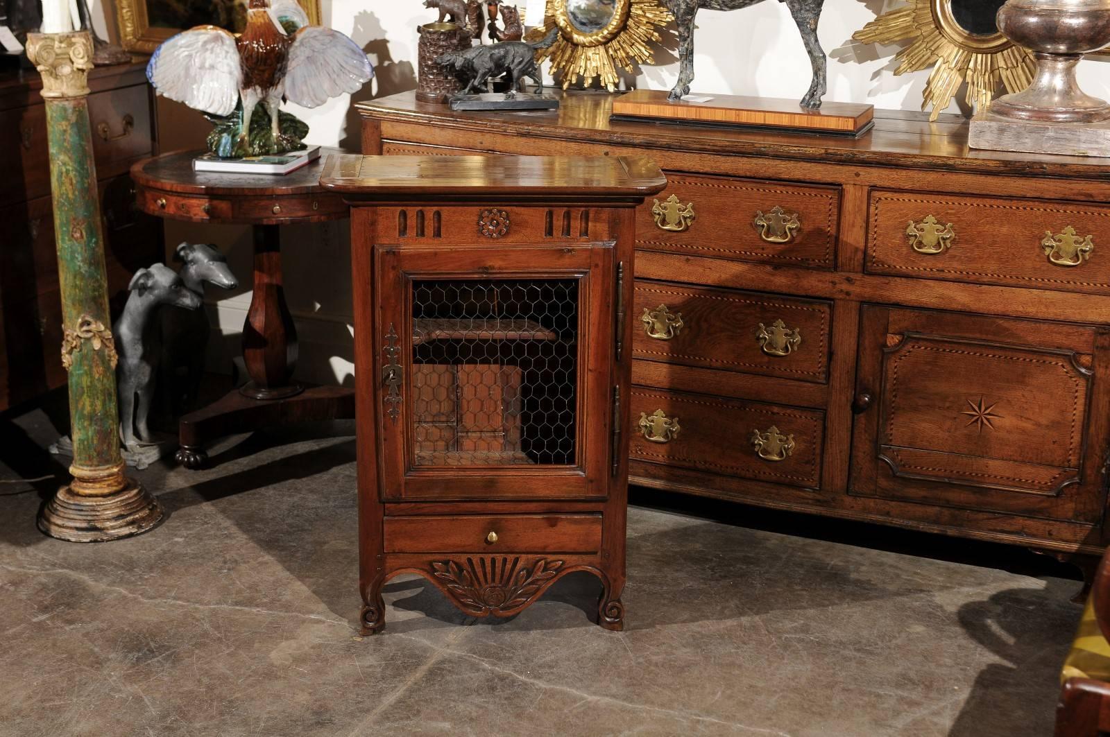 Louis XV Mid-19th Century Small Size Walnut French Cabinet with Wire Door and Drawer