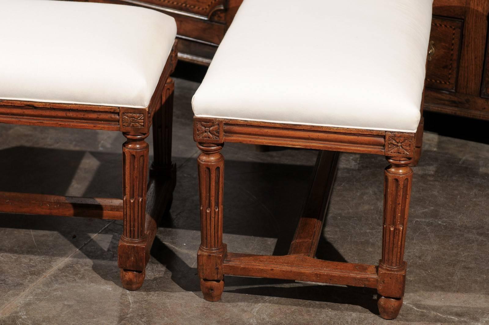 Pair of Italian Walnut Upholstered Wooden Benches from the Early 19th Century In Good Condition In Atlanta, GA
