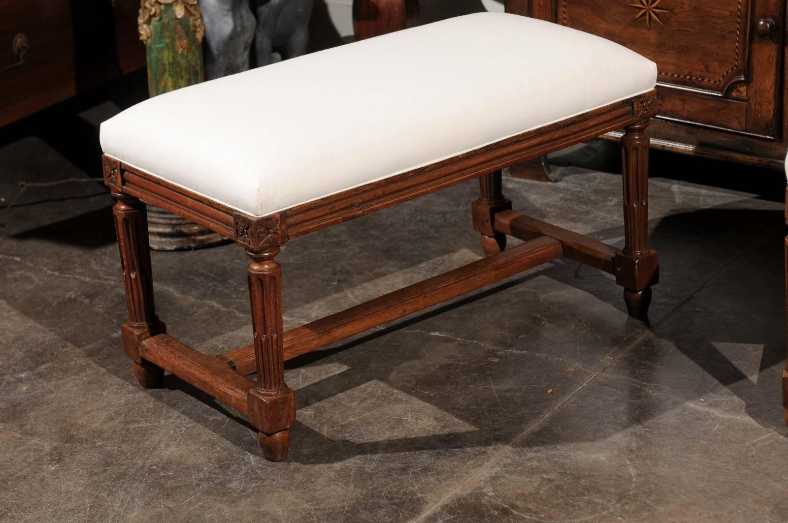 Upholstery Pair of Italian Walnut Upholstered Wooden Benches from the Early 19th Century