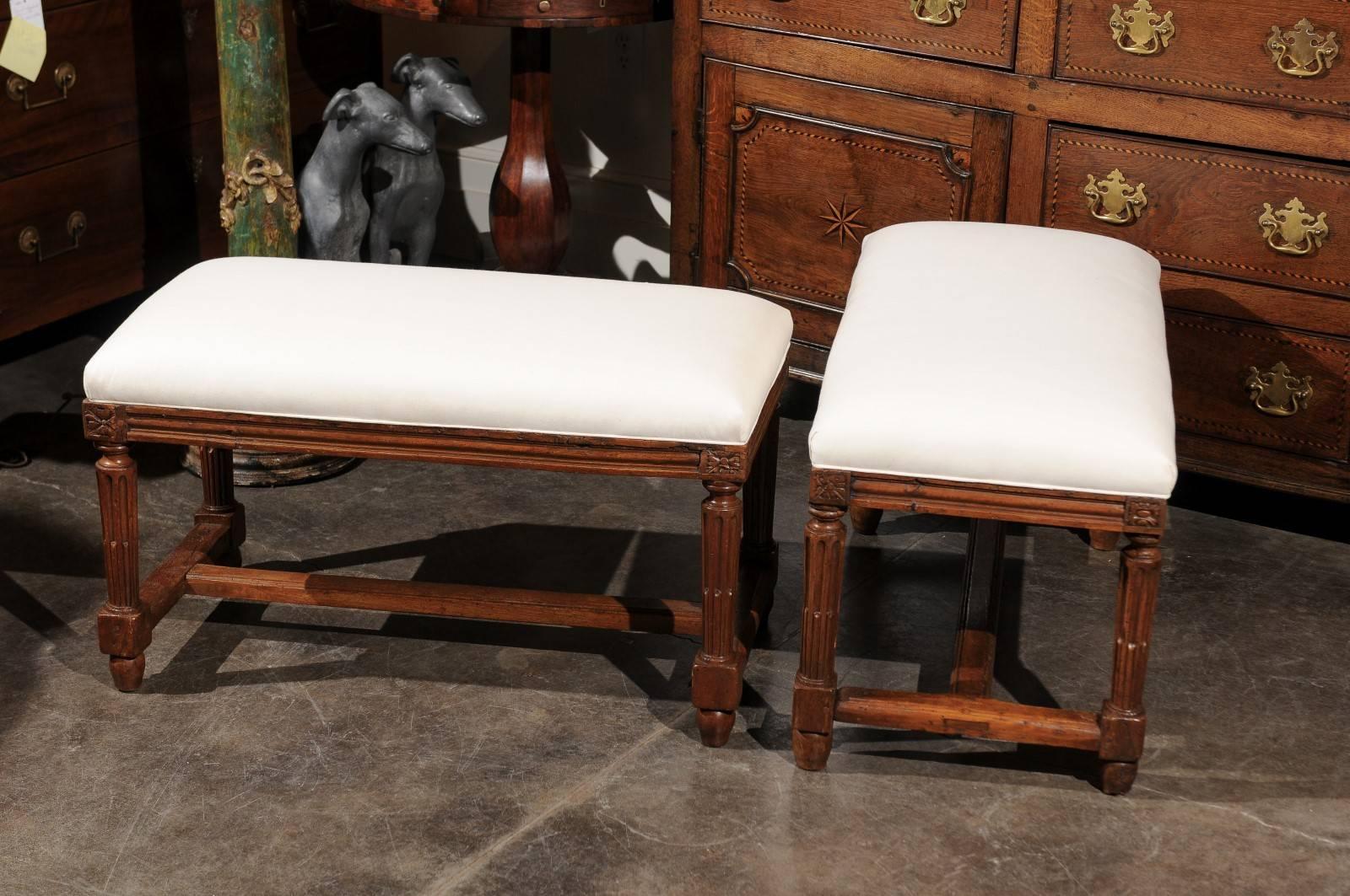 Pair of Italian Walnut Upholstered Wooden Benches from the Early 19th Century 3