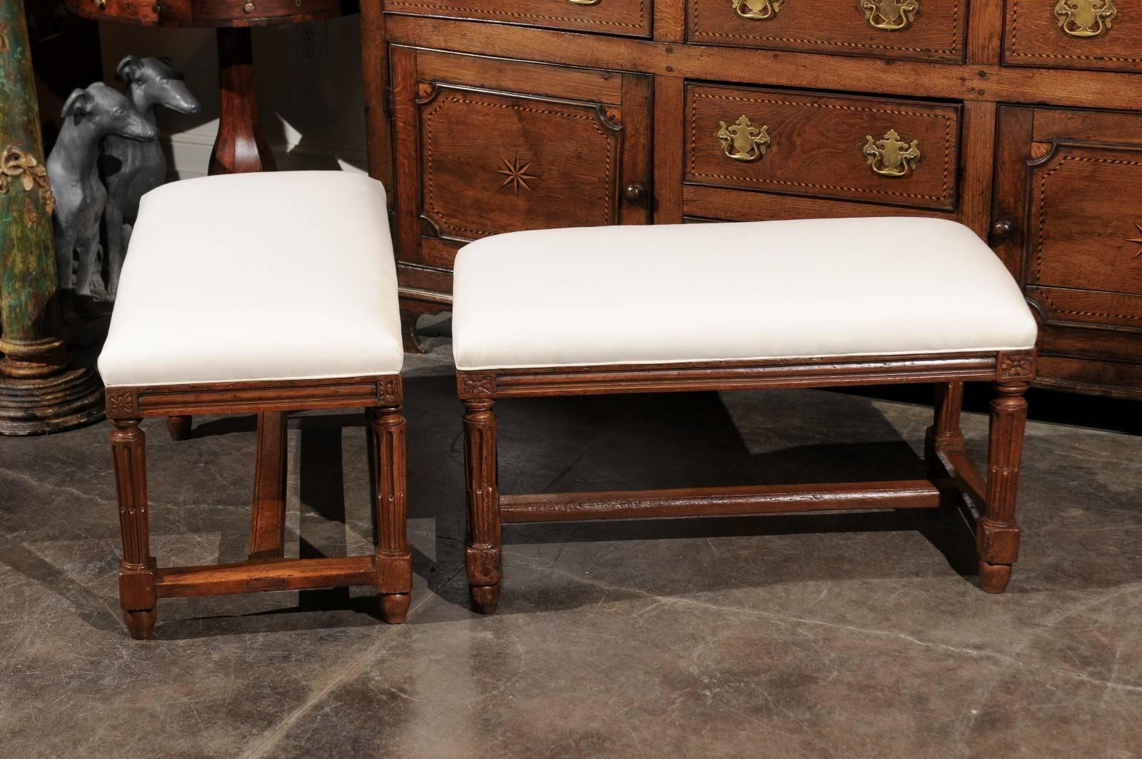 Pair of Italian Walnut Upholstered Wooden Benches from the Early 19th Century 2