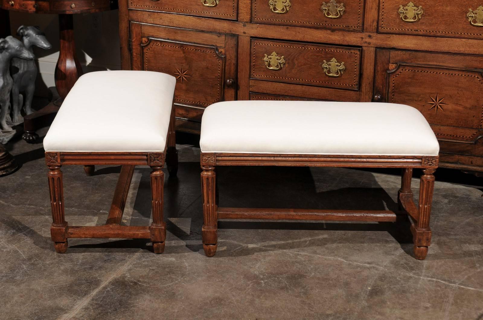 Pair of Italian Walnut Upholstered Wooden Benches from the Early 19th Century 5