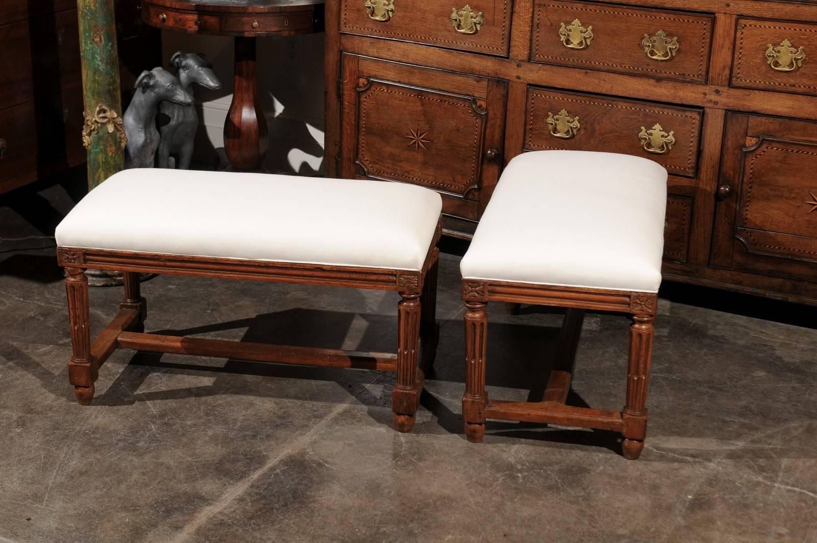 Pair of Italian Walnut Upholstered Wooden Benches from the Early 19th Century 4