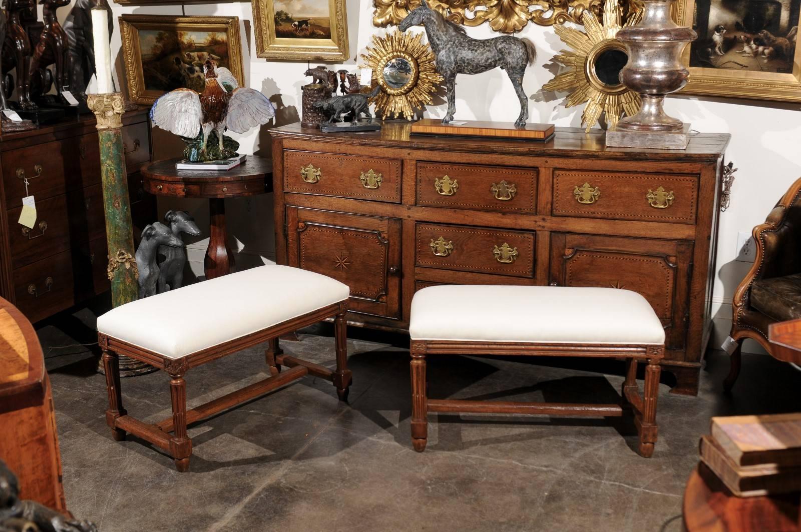 Louis XVI Pair of Italian Walnut Upholstered Wooden Benches from the Early 19th Century