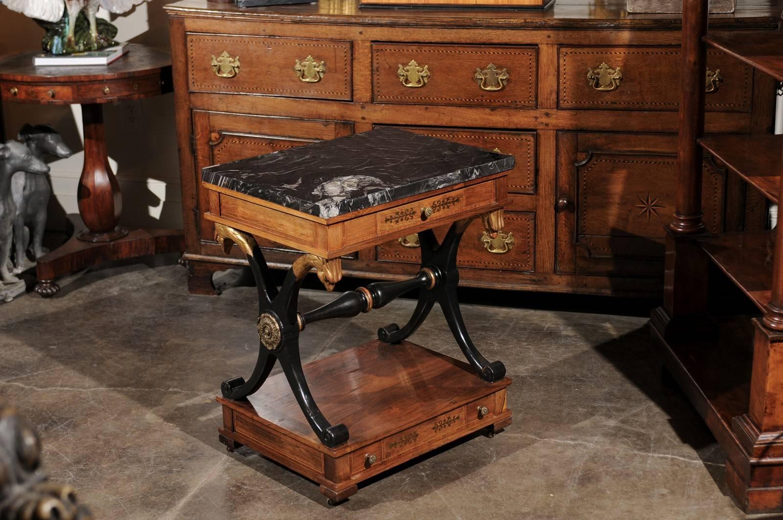 Ebonized English Regency Rosewood Side Table with Stone Top and Griffin Head Supports