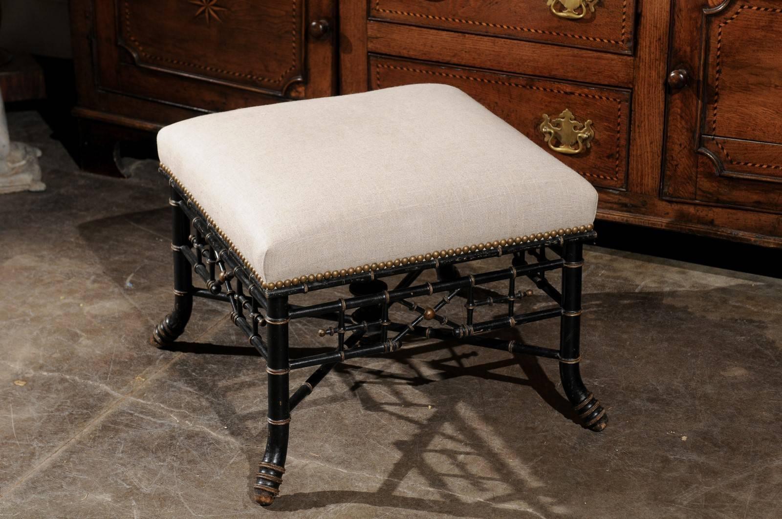 Upholstery English Chinese Chippendale 19th Century Upholstered Ebonized Faux Bamboo Stool