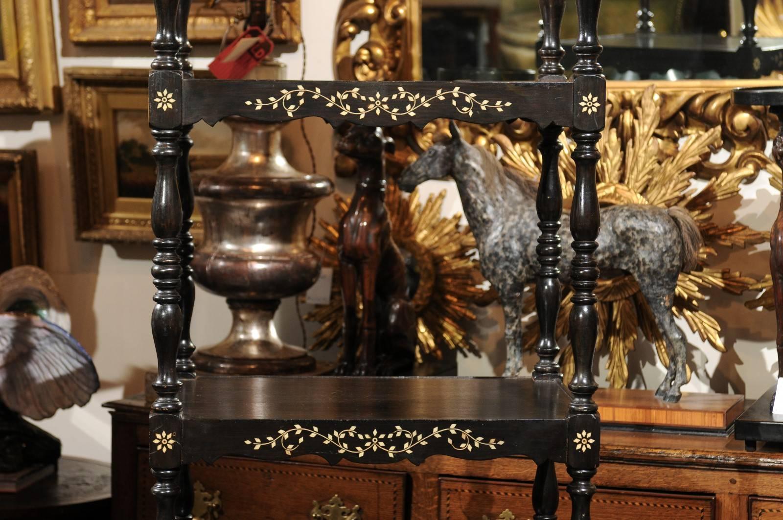 Ebonized Wood Etagère with Floral Bone Inlay Decor from the Early 19th Century 3
