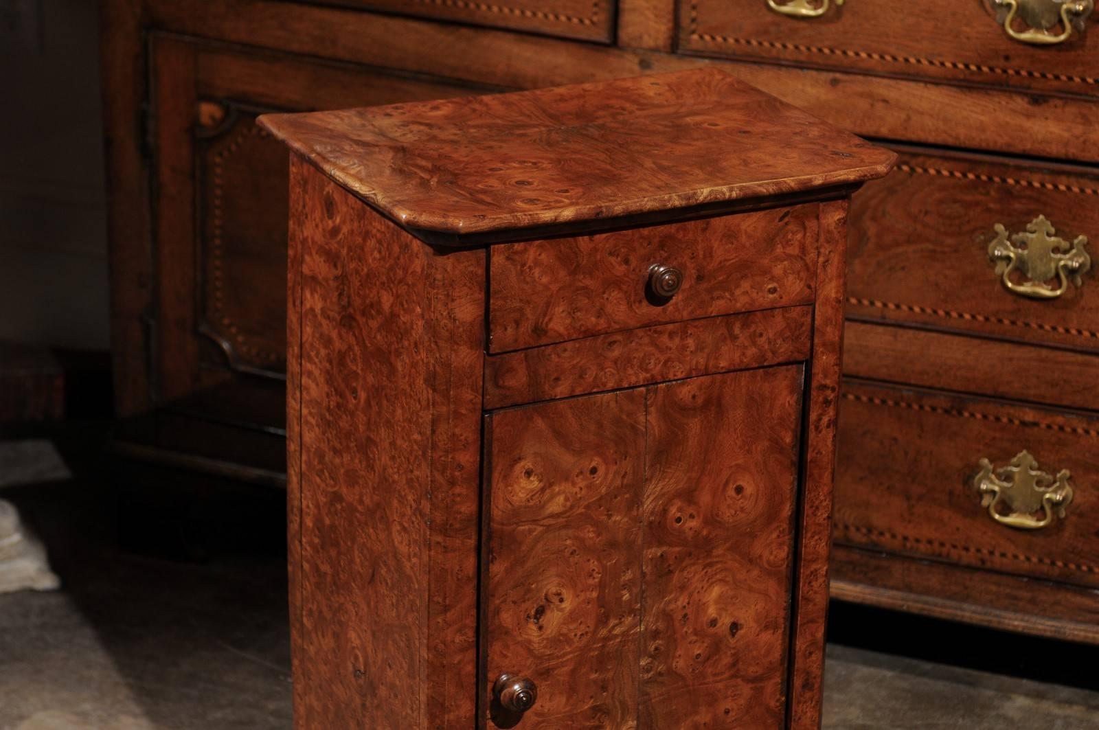 19th Century English Burl Wood Pot Cupboard from the 1880s with Single Drawer and Door