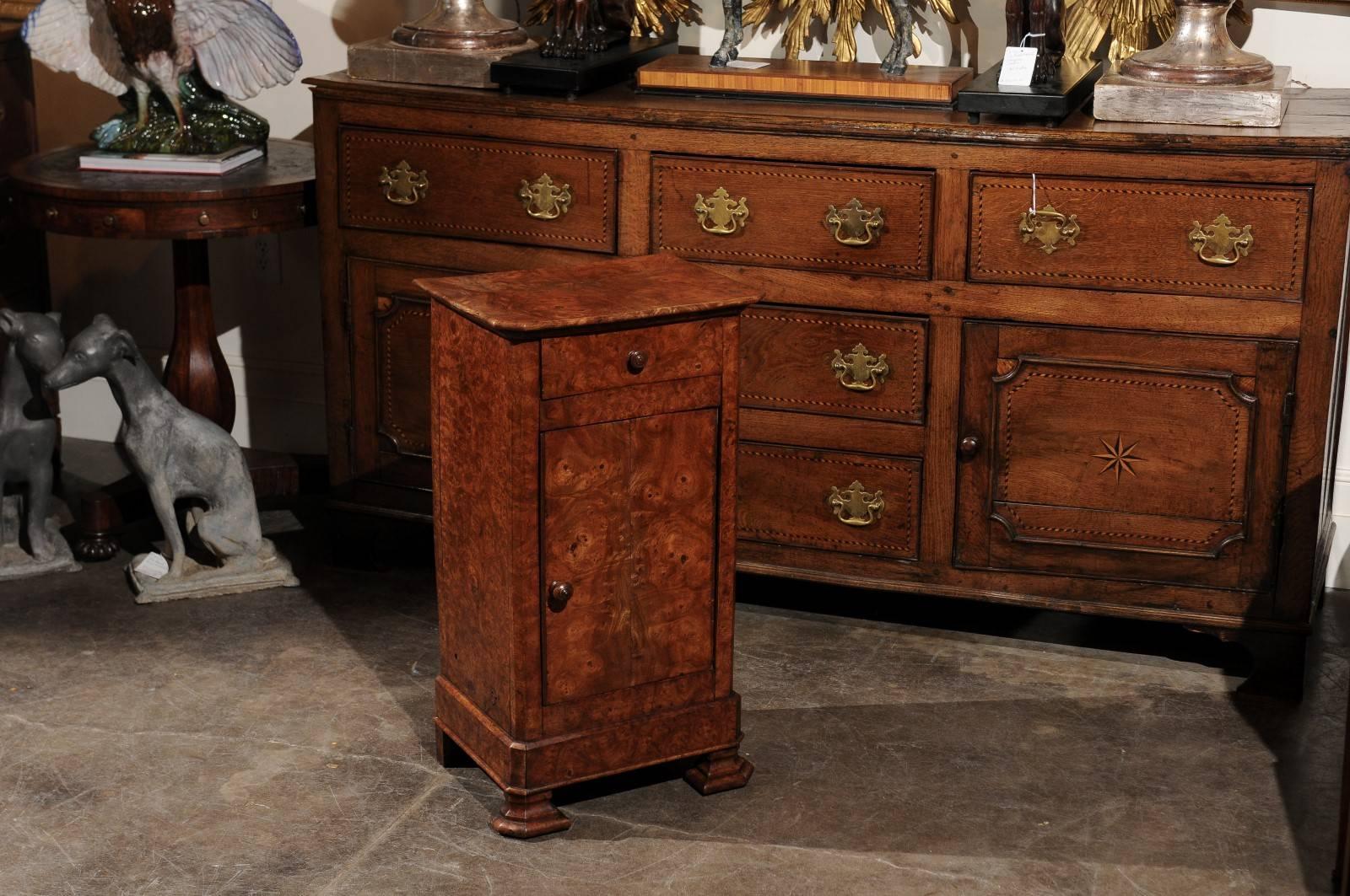 English Burl Wood Pot Cupboard from the 1880s with Single Drawer and Door In Good Condition In Atlanta, GA