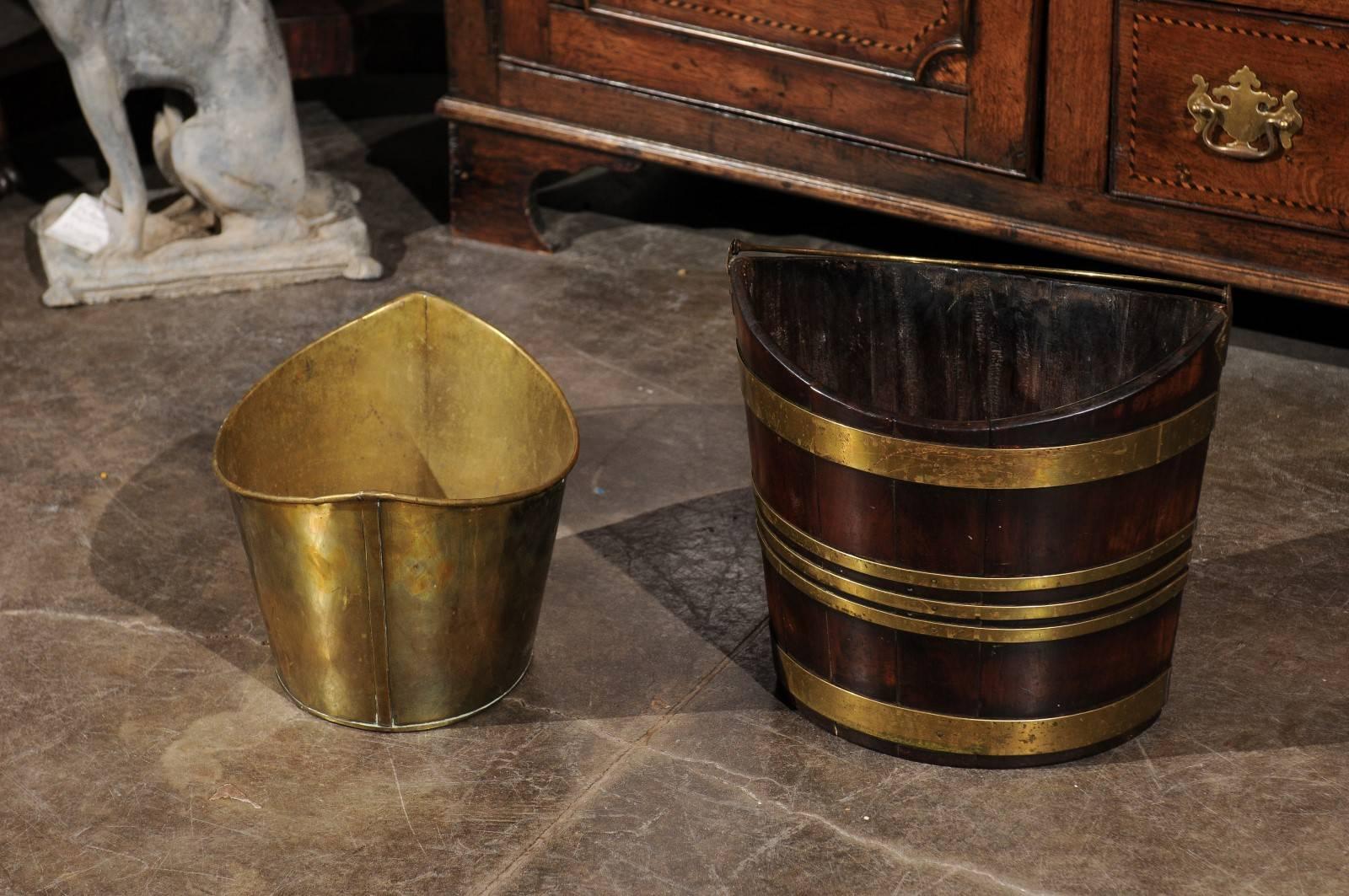English Mahogany and Brass Peat Bucket with Handle from Mid-19th Century 1