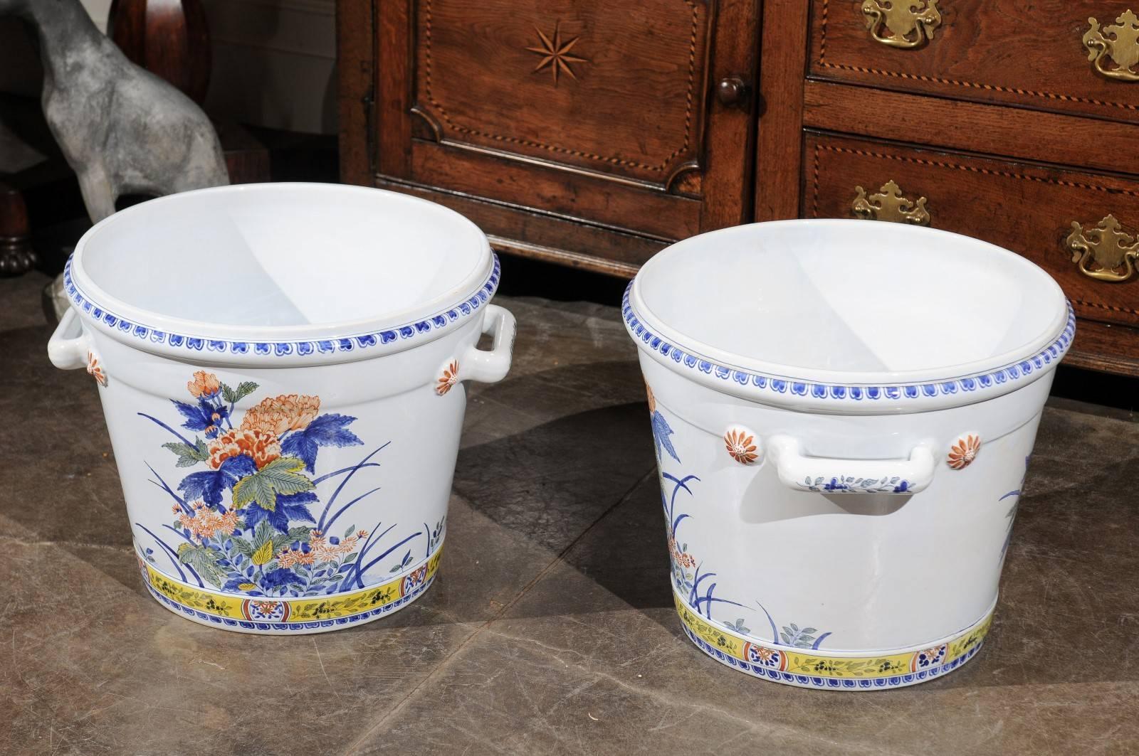 Earthenware Pair of French Faience Cache Pots Made for Tiffany & Co in the Mid-20th Century