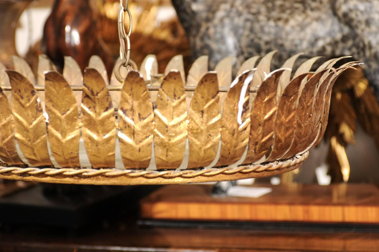 Vintage Spanish Gilt Metal Crown Chandelier with Frosted Glass and Leaf Motifs In Good Condition In Atlanta, GA