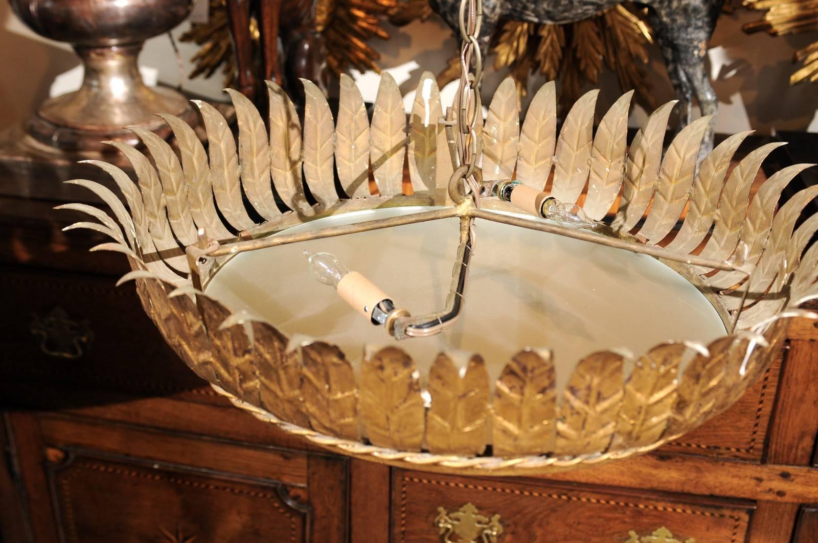 20th Century Vintage Spanish Gilt Metal Crown Chandelier with Frosted Glass and Leaf Motifs