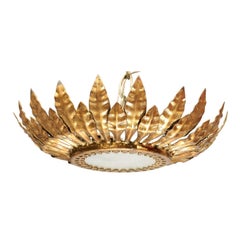 Spanish Mid-Century Crown Pendant with Gilt Metal Leaves and Frosted Glass