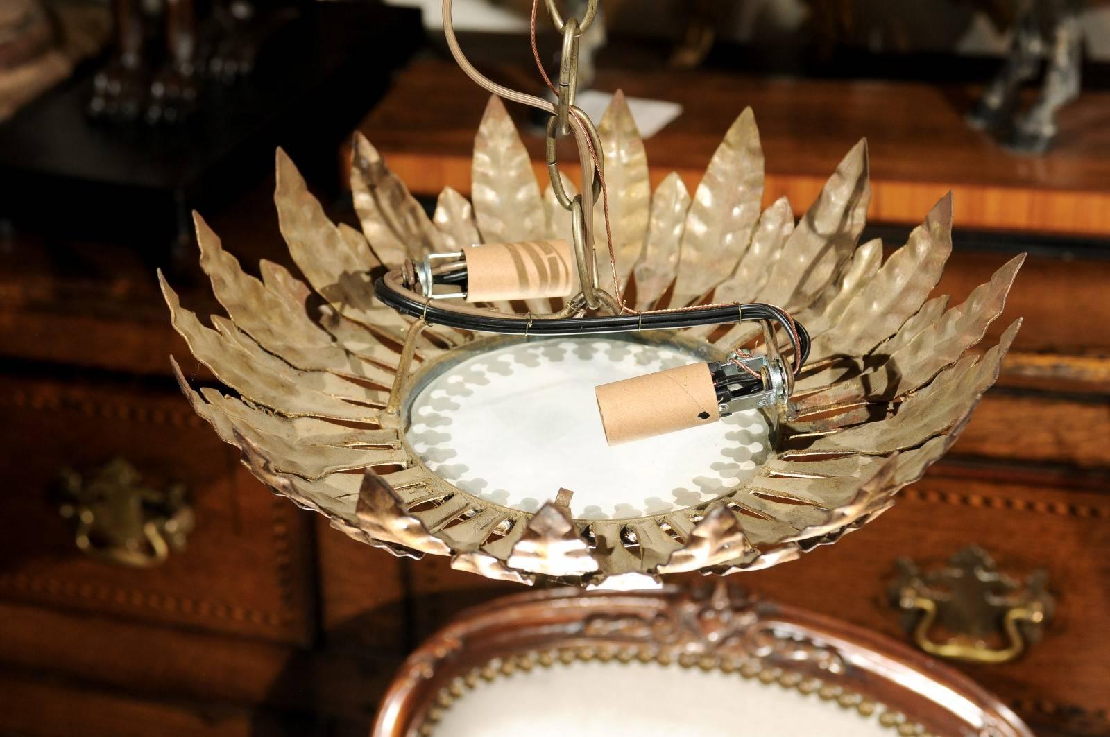 20th Century Spanish Mid-Century Crown Pendant with Gilt Metal Leaves and Frosted Glass