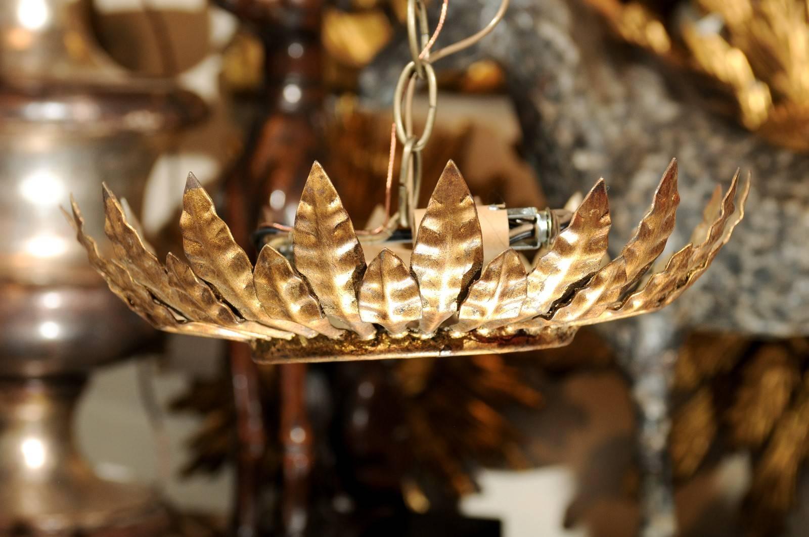 Spanish Mid-Century Crown Pendant with Gilt Metal Leaves and Frosted Glass In Good Condition In Atlanta, GA