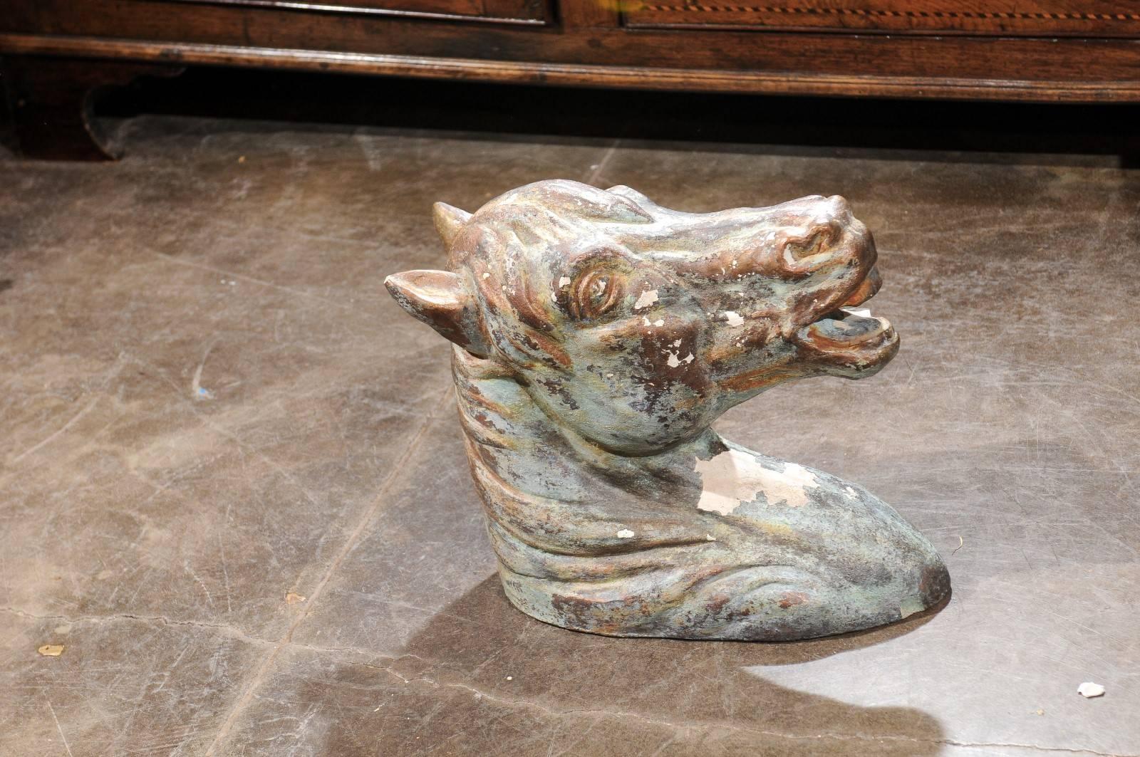 French Painted Horse Head Sculpture from the Early 20th Century For Sale 1