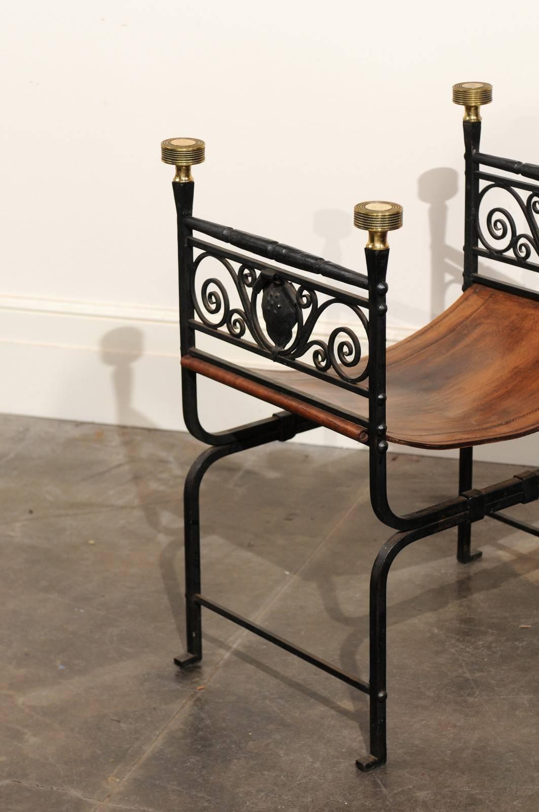 20th Century English Campaign Iron, Brass and Leather Stool from the Turn of the Century