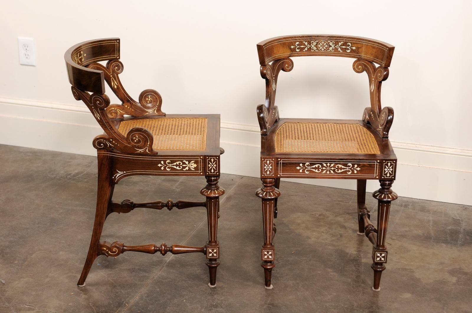 Indian Pair of Barrel Back Wooden Slipper Chairs with Marquetry Décor and Cane Seats