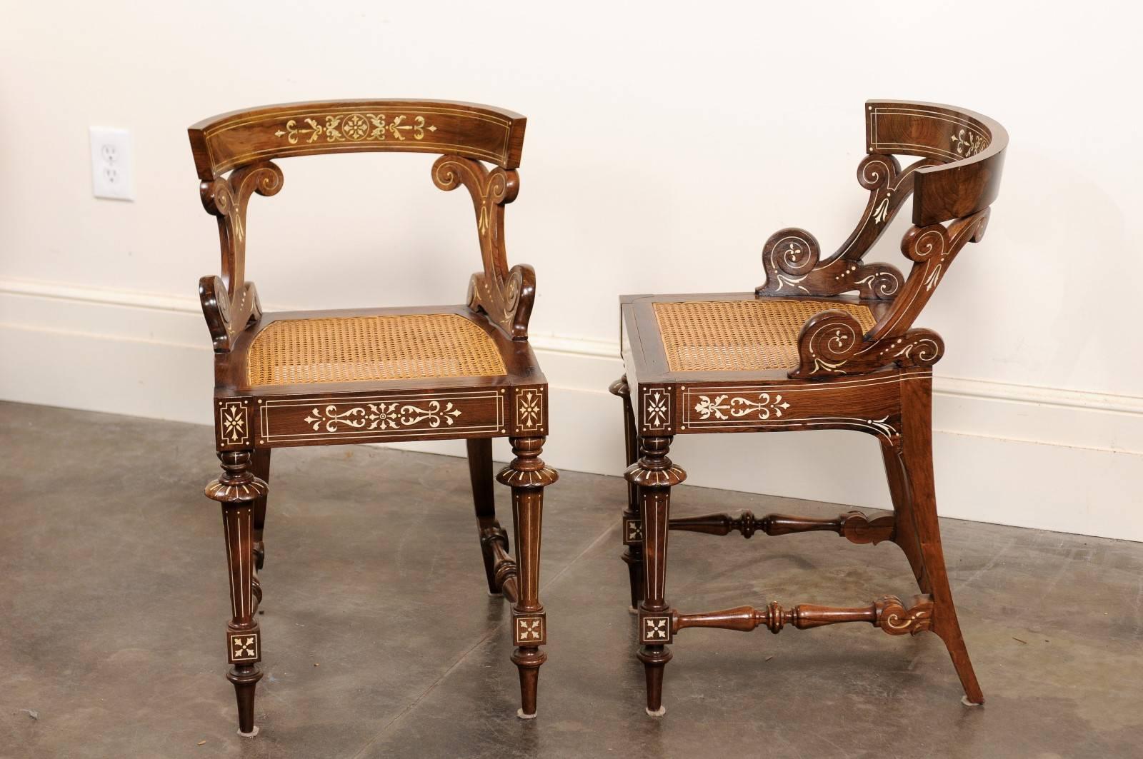 20th Century Pair of Barrel Back Wooden Slipper Chairs with Marquetry Décor and Cane Seats