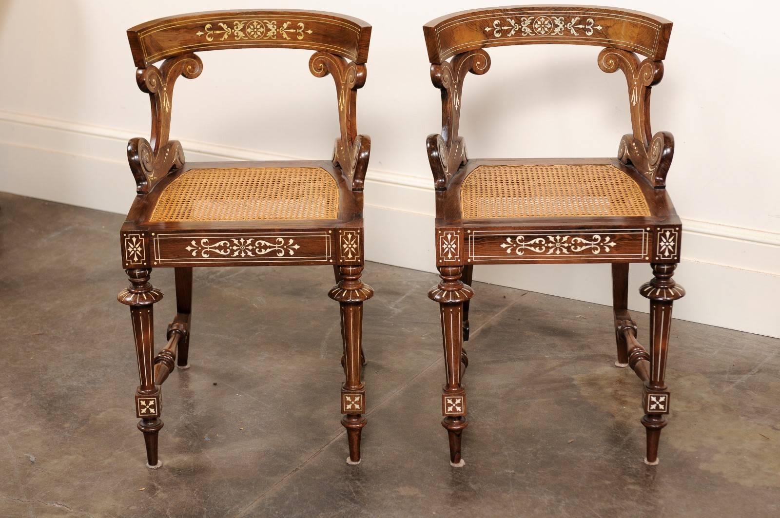 Pair of Barrel Back Wooden Slipper Chairs with Marquetry Décor and Cane Seats 2