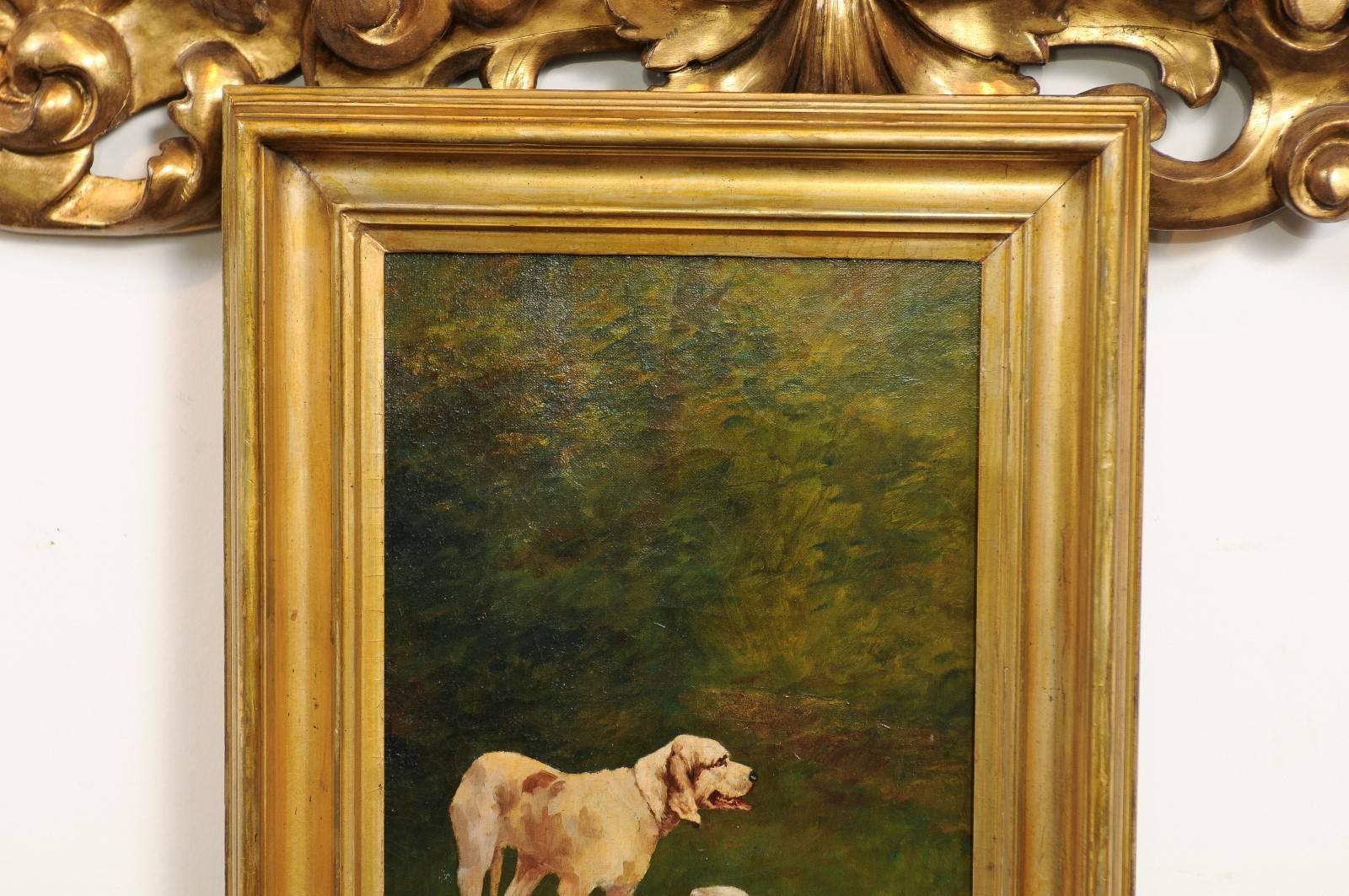 20th Century French Dog Oil Painting on Canvas circa 1900 in Antique Giltwood Frame
