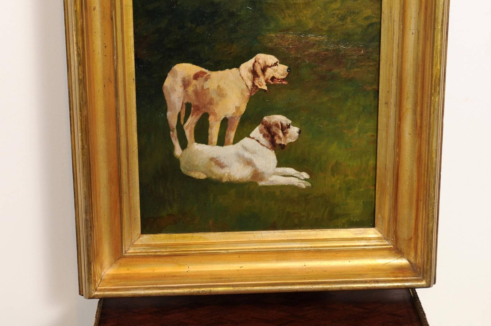 French Dog Oil Painting on Canvas circa 1900 in Antique Giltwood Frame 1