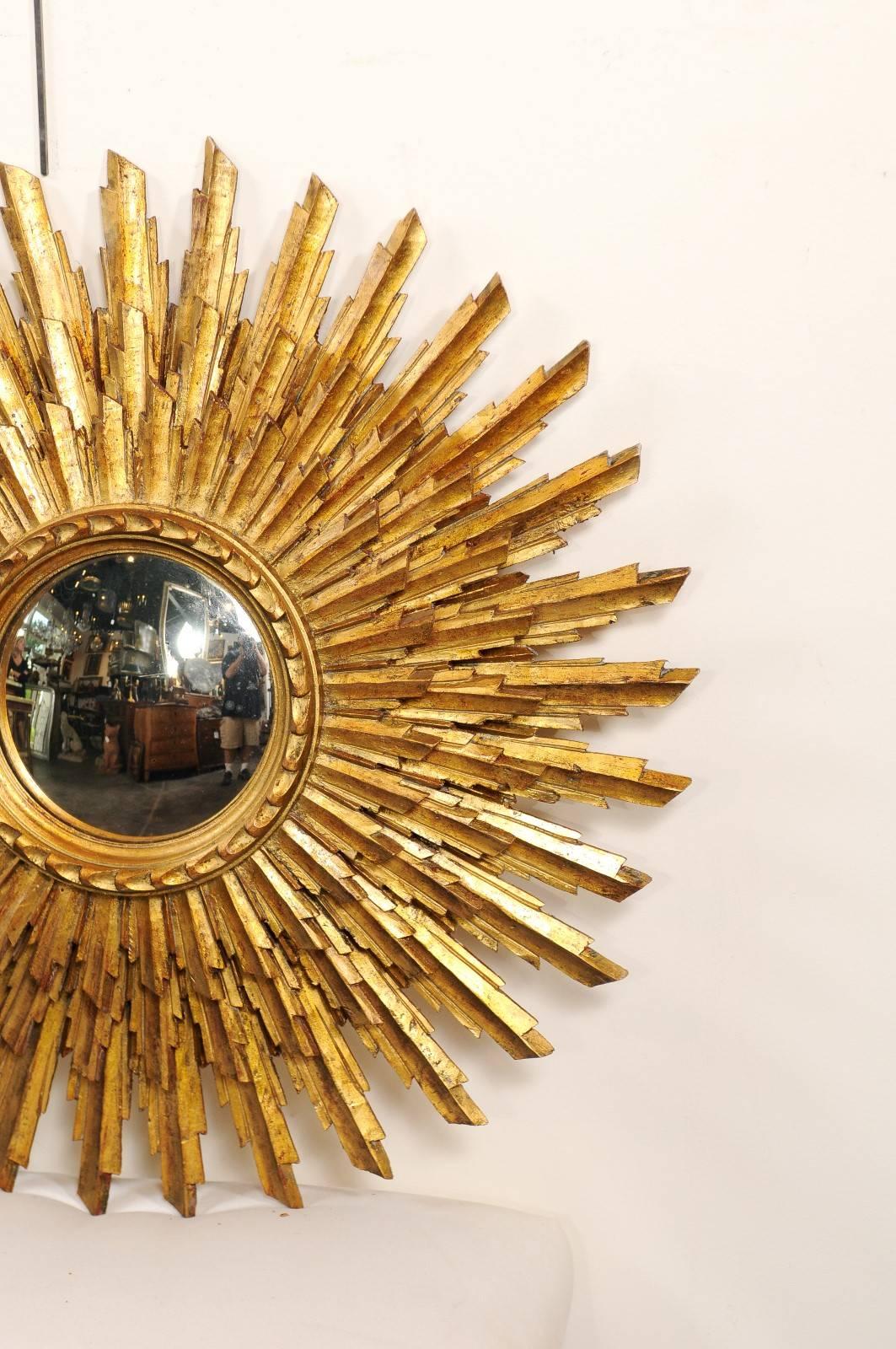French Giltwood Sunburst Mirror with Three-Layered Sunrays, Mid-20th Century In Excellent Condition In Atlanta, GA