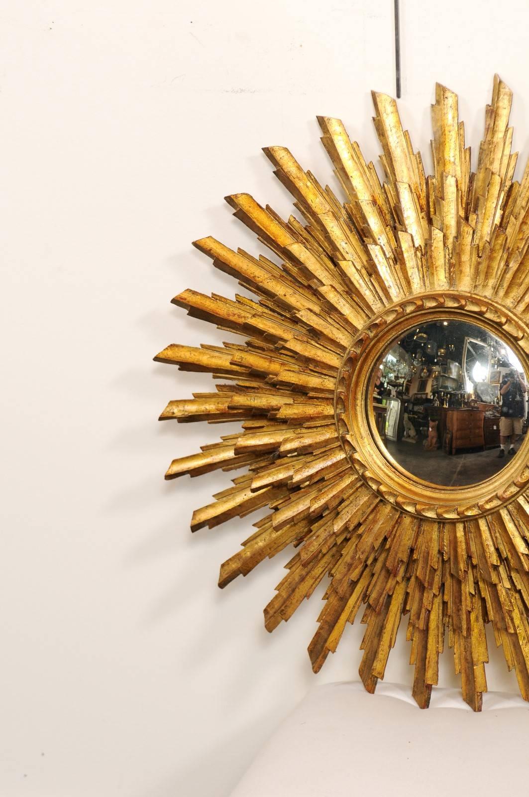 French Giltwood Sunburst Mirror with Three-Layered Sunrays, Mid-20th Century 1
