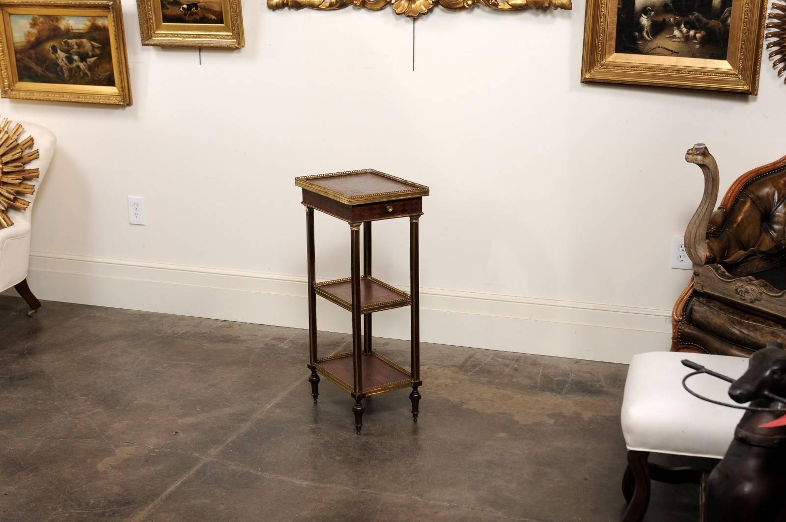 English 1870 Petite Brass and Parquetry Three-Shelf Étagère with Single Drawer In Excellent Condition In Atlanta, GA