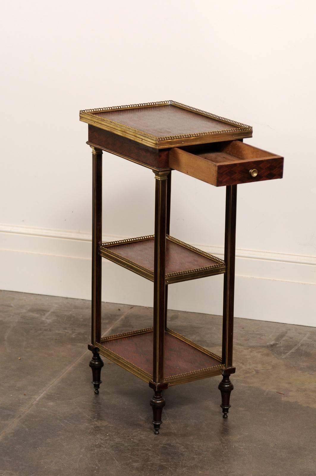 English 1870 Petite Brass and Parquetry Three-Shelf Étagère with Single Drawer 1